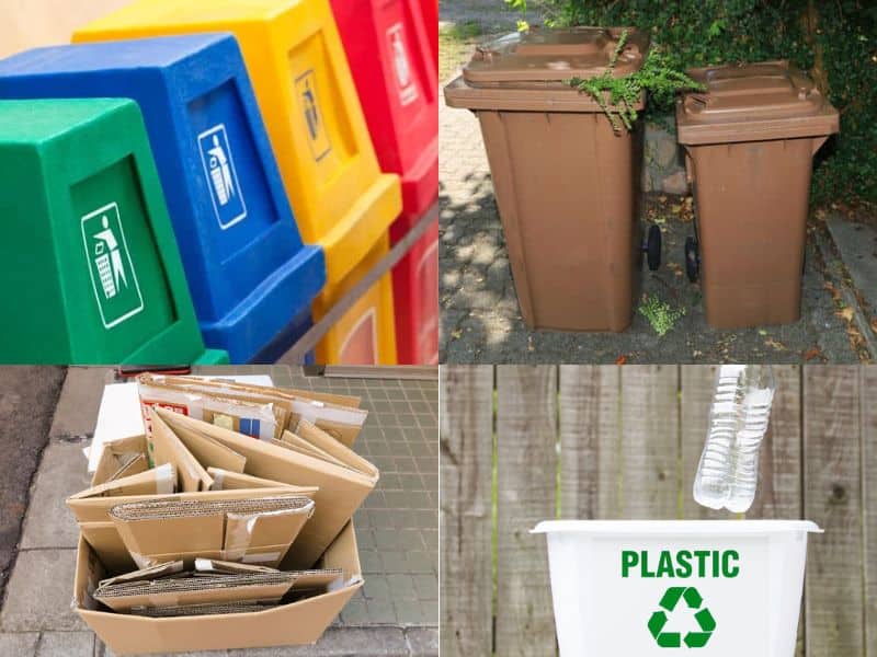 A collage of photographs showing plastic recycling, different colored bins for waste segregation, cardboard ready for collection for recycling and brown garden waste bins for collecting material suitable for composting.