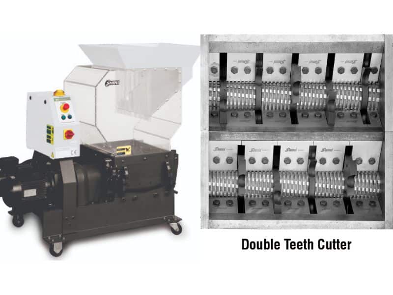 A screenless low-speed granulator and a closeup of the double teeth cutter. The body of the granulator is black and has an electric motor attached that drives the teeth around. There is a funnel at the top for loading plastic into the machine. The teeth cutters are similar to a paper shredder's and comprise rows of cylinders with teeth arranged at a slight angle.