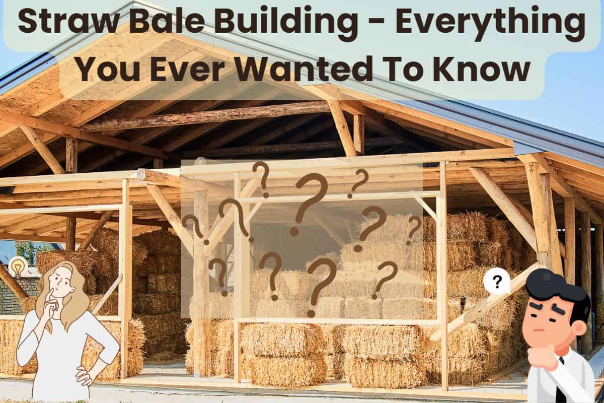 A straw bale house under construction. It has the roof on and the frame built. There is a stack of straw bales on the inside to protect them from the weather. Across the top are the words "Straw Bale Building - Everything You Ever Wanted To Know", and there is a cloud of question marks overlain in the center of the image, with a puzzled-looking man and woman in the bottom corners.