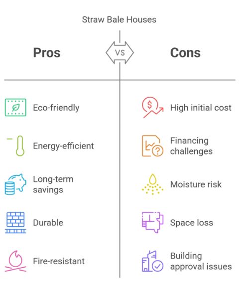 Infographic showing the pros and cons of straw bale construction. Listed in the pros column are eco-friendly, energy-efficient, long-term savings, durable, and fire resistant. In the cons column are high initial cost, financing challenges, moisture risk, space loss and building approval issues.