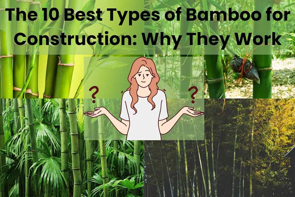 A collage of different types of bamboo with a cartoon person in the middle of the image shrugging with question marks either side. The words "The 10 Best Types of Bamboo for Construction: Why They Work" are written across the top.