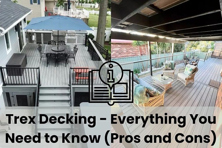 Two photographs side-by-side of Trex Decking installations. The left hand image shows a square elevated decking area with steps leading up to the square seating area that has a dining table and chairs with a parasol above. There are black railings around the decking area and along the stairs. The image on the right shows a decked area that is covered with a wooden roof that has large beams. The deck appears to run along the side of a house and has wicker chairs and a coffee table with a glass top. There are palm trees growing in the garden just beyond the decking. There is an information icon in the center of the image showing an open book with the letter "I" popping out of it. Along the bottom are the words "Trex Decking - Everything You Need to Know (Pros and Cons)."