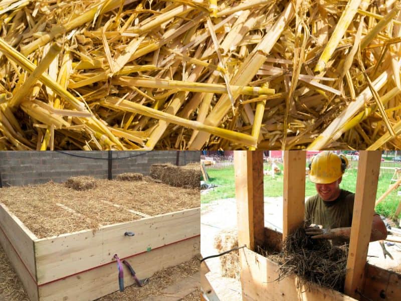 A collage of three photographs. The top photograph extends across the top half of the image and is a closeup of yellow straw fibers. In the bottom left is an image of a straw bale insulation cassette, or prefabricated straw panel. In the bottom right is a photograph of a worker placing straw-clay insulation into a wooden form.