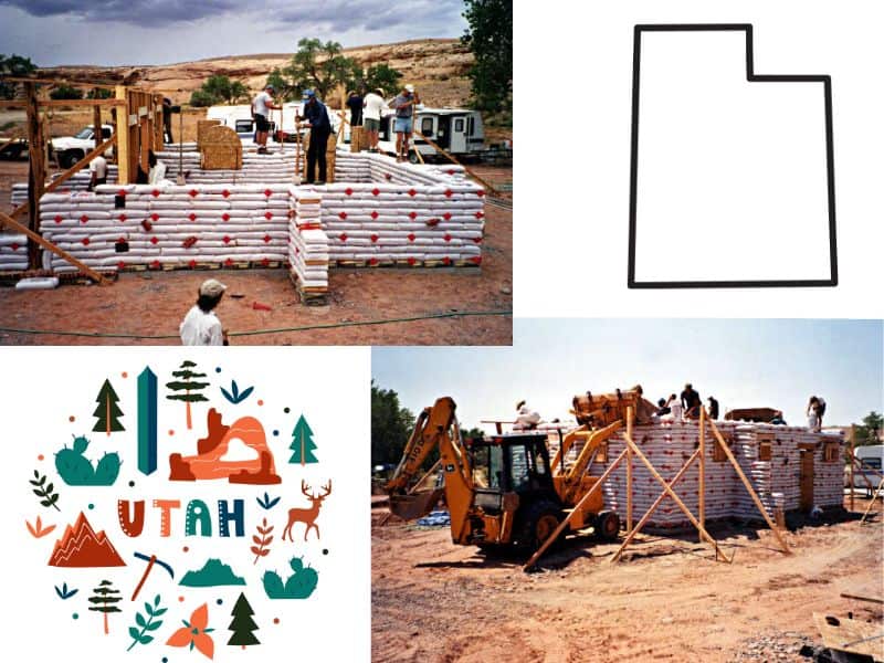 A collage of two photographs showing the construction of an earthbag building in North Cascades National Park, Utah. There is an outline map of Utah state in the top right and some Utah-related images in the bottom left (mountains, cacti, and deer).