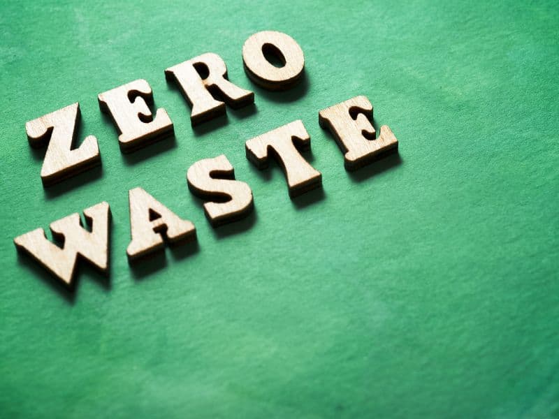 An image with the words "Zero Waste" written in 3D golden letters in all caps on top of a green textured background.