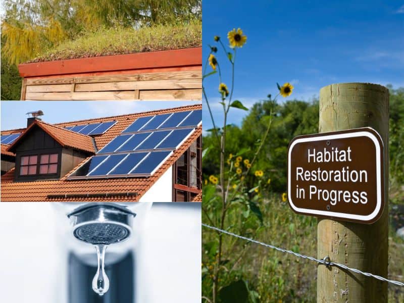 A collage of photographs including an area of meadow fenced off with a sign saying "habitat restoration in progress." Other photographs show a green roof, a roof with solar panels and energy-efficient dormer windows, and a low-flow tap with a drip coming out of it.