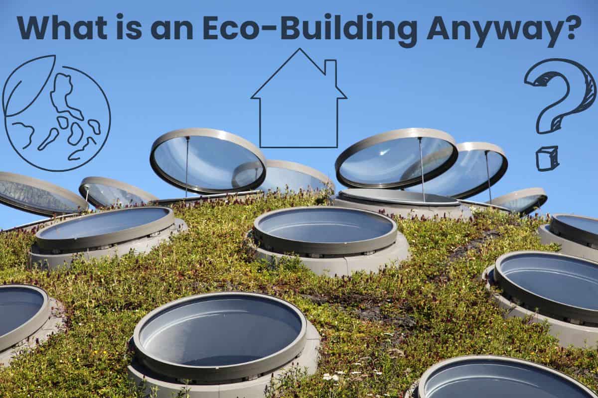 A photograph of a domed green roof (aka living roof). There are multiple gray-framed circular skylights in the roof, about half of which are open and propped in the open position by a metal rod. The vegetation on the green roof includes white and purple flowers. The sky above is vivid blue with no clouds. There are three icons set against the sky. They are simple line drawings of planet earth with a leaf, a house with a pitched roof and chimney, and a question mark. Across the top of the image are the words "What is an Eco-Building Anyway?"