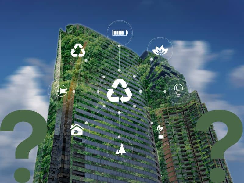 A high-rise building with lots of glass windows and green plants growing up it. There are symbols overlain, including recycling arrows, leaves and question marks.