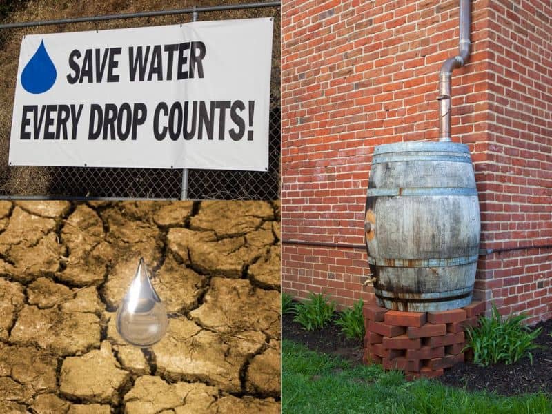 A collage of photographs showing a poster saying "save water, every drop counts", a dry, cracked river bed with a single drop of water over it, and a barrel used as a water butt to collect roof water for use in a garden.