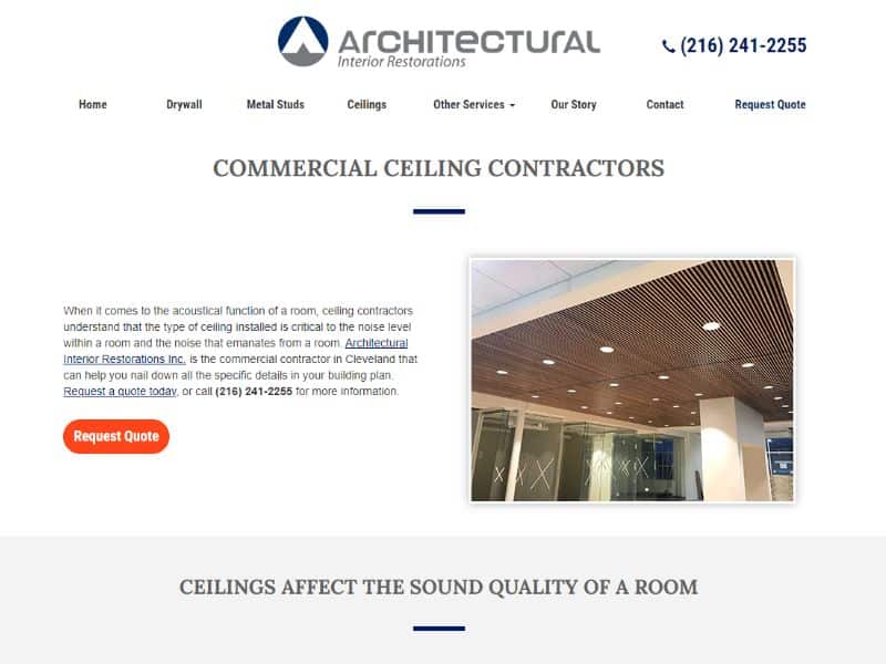 A screenshot of the Architectural Interior Restorations website showing their commercial ceiling work.