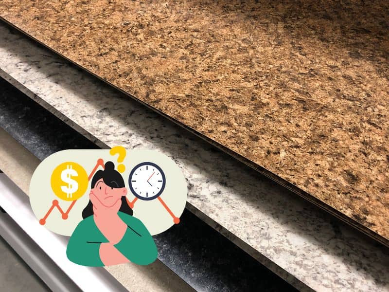 A stack of eco countertops in store shelving. In the bottom left of the image is a cartoon woman thinking with a graph behind her showing dollars and time.