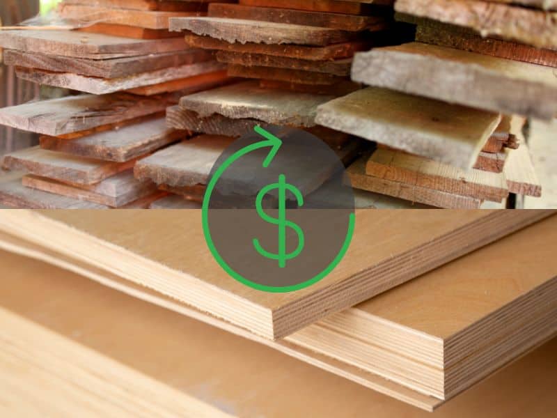 A photo of a stack of reclaimed wood in the top half of the image with brand new plywood sheets in the bottom half. In the center of the image is a green dollar sign with a green circular arrow around it.