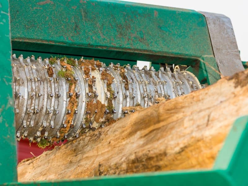 A large log being fed along the production line by a toothed roller. The log has just been debarked and will be sent to the next stage of processing. The machine the log is being processed by is green and the steel teeth on the roller are the color of bare metal.