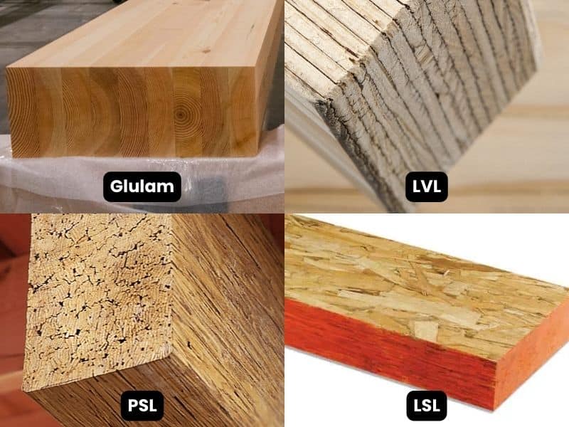 Four photographs of engineered wood beams taken end on so the end grain can be seen. The examples include Glulam, LVL, PSL, and LSL.