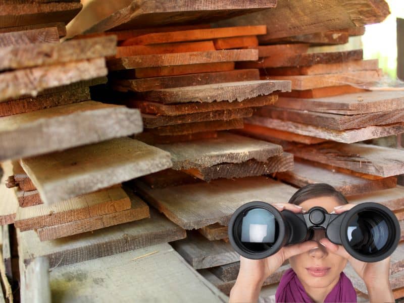 A stack of reclaimed wood flooring with a woman looking through binoculars in the bottom right corner.