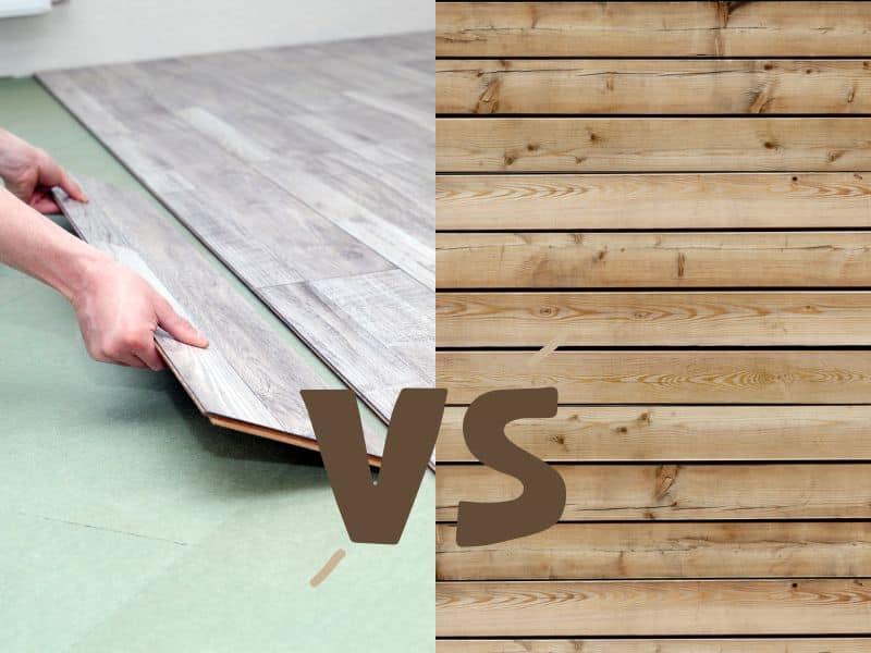 Two photographs side by side showing engineered wood laminate flooring being installed (left), and natural wood floorboards (right). In the bottom middle, there are the letters "VS" in brown.