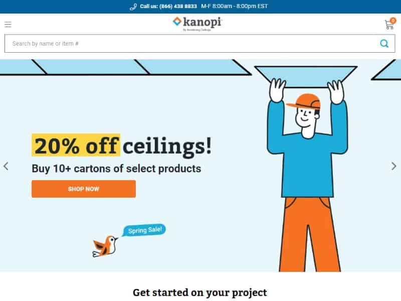 A screenshot of the Kanopi website, which shows a cartoon worker installing a ceiling next to an advert for a sale.