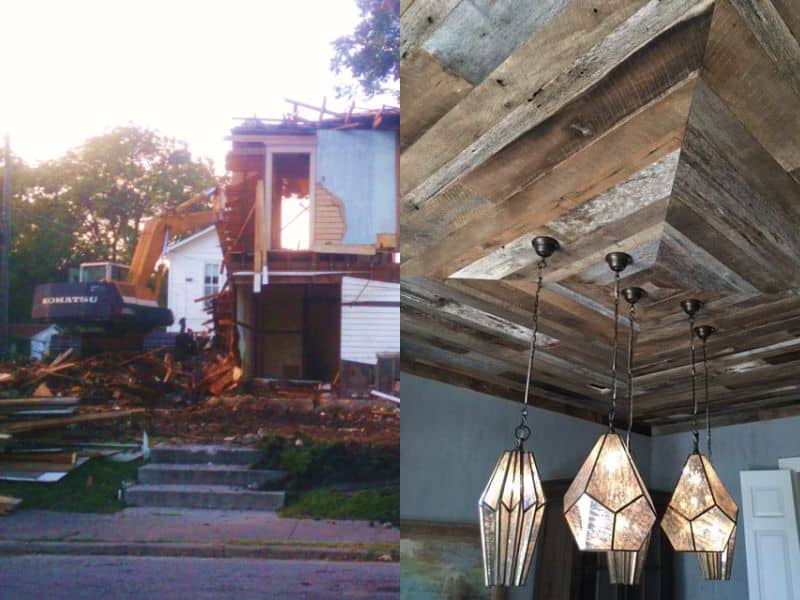 Two photographs side by side. The left-hand side shows the process of demolishing a house to reclaim the wood using an excavator to tear down the house. The right-hand photo shows the finished result that can be achieved after Old Texas Wood repurposes the wood to install your reclaimed wood ceiling. The ceiling is beautiful and has stylish geometric patterns, a natural, rustic appearance, and matching lights hanging from it.