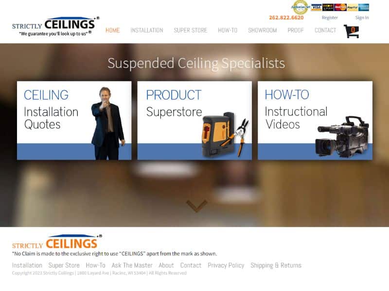 A screenshot from the Strictly Ceilings website. There are options to obtain quotes, visit their store, and "how to" instructional videos.