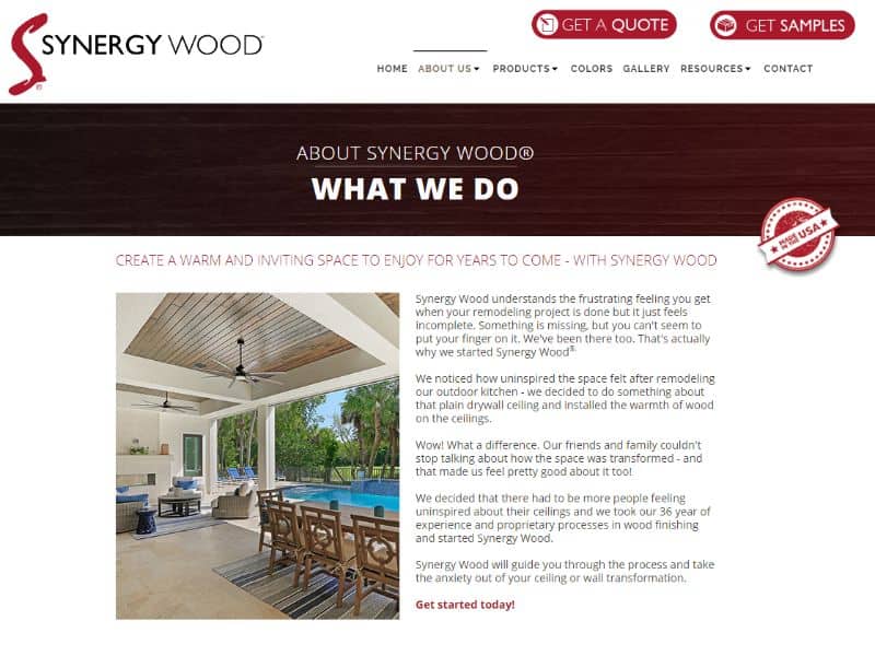 A screenshot of the Synergy Wood website with an image of a reclaimed wood ceiling in a lanai with a swimming pool outside.