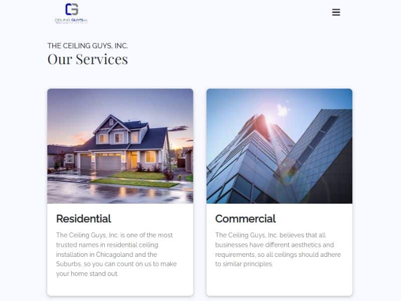 A screenshot of the Ceiling Guys' website showing their services page, which includes residential and commercial offerings.