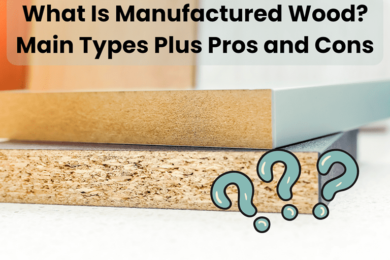 A sheet of particleboard with a sheet of MDF on top. Both sheets are finished with a blue plastic laminate. The different materials can be seen in the exposed cross-sections presented to the camera. In the bottom left of the image are three blue question marks. Across the top of the image are the words "What Is Manufactured Wood? Main Types Plus Pros and Cons."