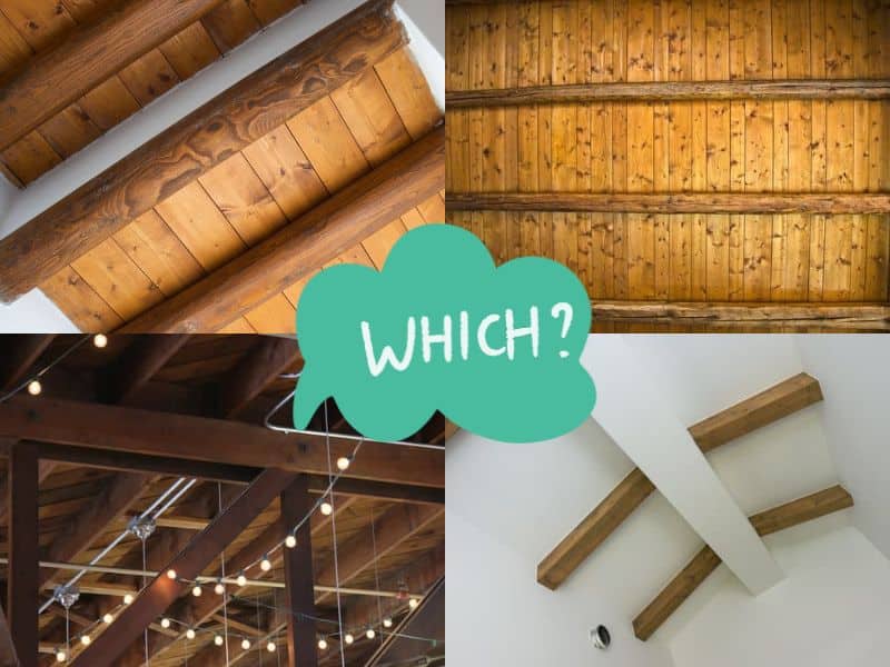 Four photographs of wood ceilings made from different types of wood. The word "which?" is written in the middle inside a thought bubble.