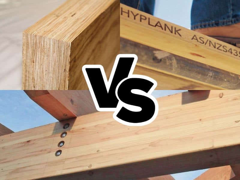 Two photographs of LVL timber placed above a larger photo of glulam timber. There are the words "VS" in the center of the image.