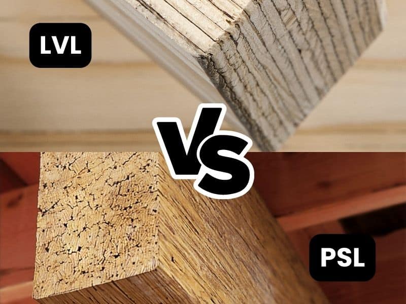 Two photographs of engineered wood, arranged one on top of the other. The top photo is LVL and the bottom photo is PSL. There are labels in white letters on a black background. There are also the letters, "VS" in the center in black with white outlined.