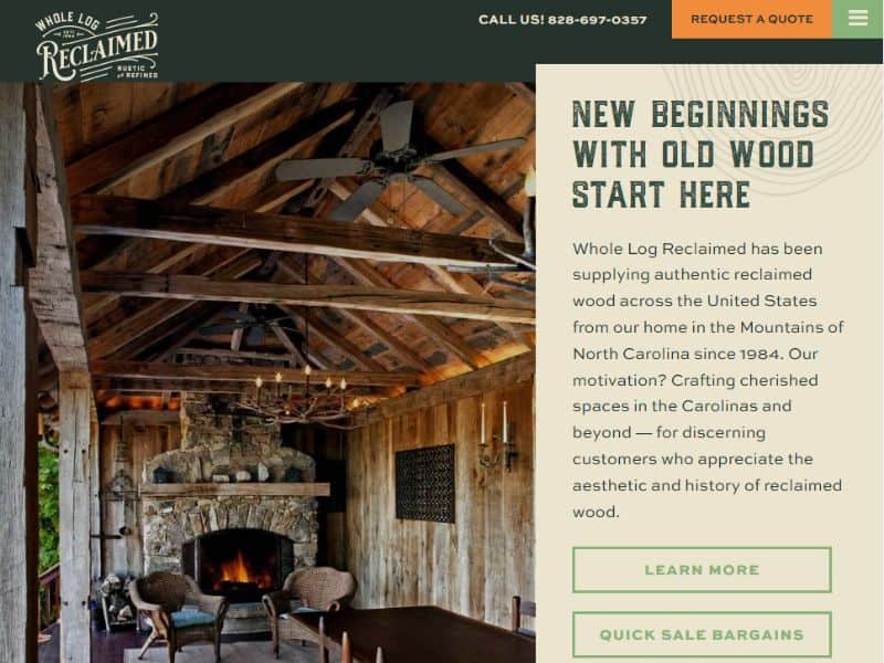 A screenshot of the Whole Log Reclaimed website shows a reclaimed wood vaulted ceiling with impressive timbers and ceiling fans.