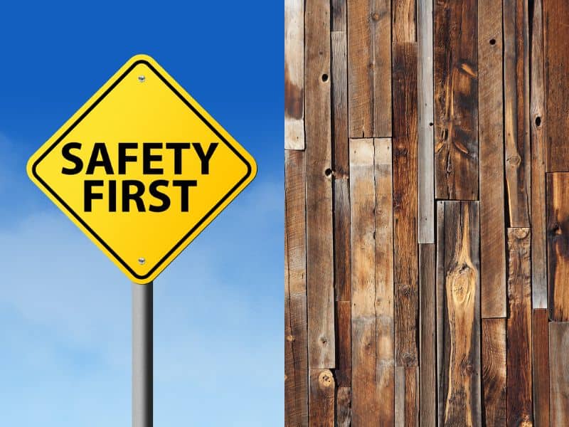 A yellow road sign saying "Safety First" alongside a photograph of reclaimed wood planks installed on a wall.