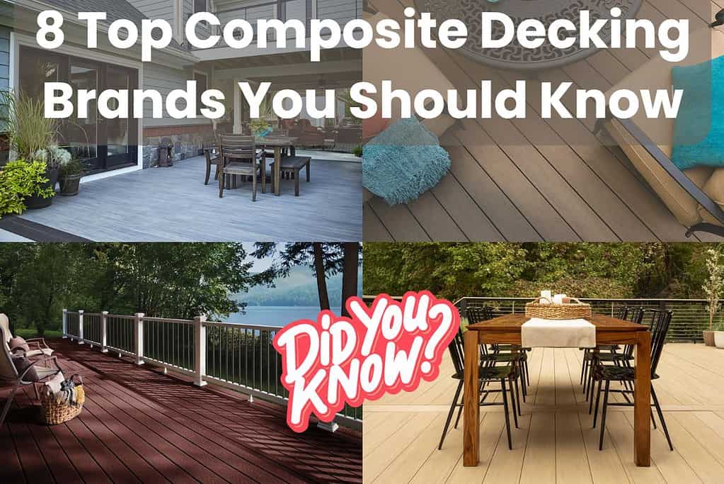 Four photographs showing different brands of decking. The decks are fully built and have furniture arranged on them. Across the top is a title, "8 Top Composite Decking Brands You Should Know." in the lower center of the image are the words, "did you know?" written in white lettering with a white outline.