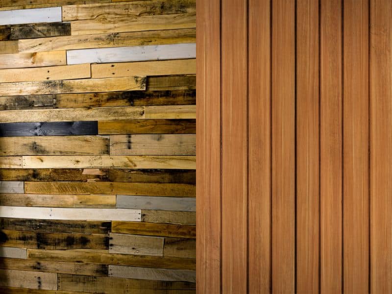 Two photographs side by side. The photo on the left is a reclaimed wood wall with many different textures and colors. The image on the right shows standard solid wood paneling, which has fewer blemishes and imperfections, looks more modern and has a cleaner finish.