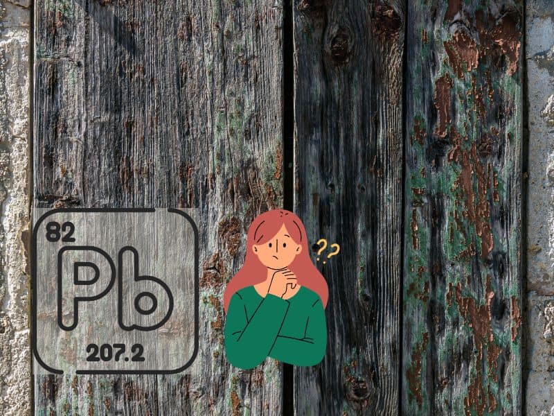 A closeup of old barn wood with flaking paint. Overlain across the image is the element key for lead from the periodic table and a cartoon woman with question marks coming out of her head.