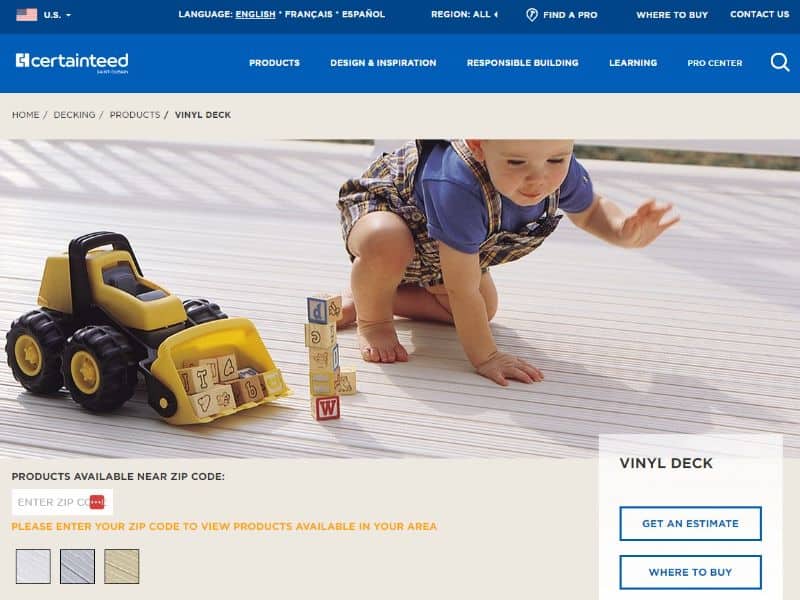 A screenshot of the CertainTeed website featuring a toddler playing with blocks and a digger on a composite deck.