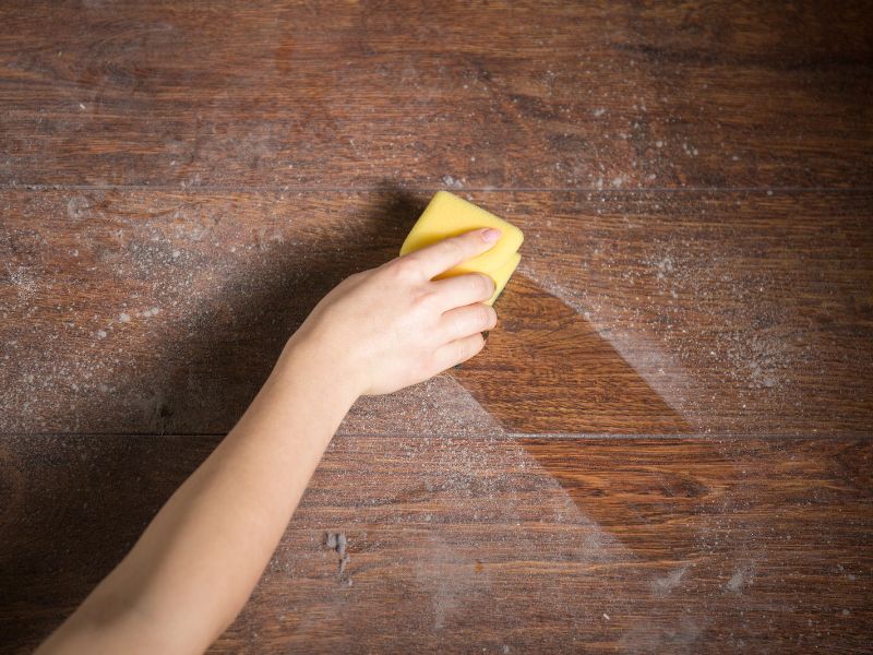 A reclaimed wood surface covered in dust being wiped with a moist sponge.