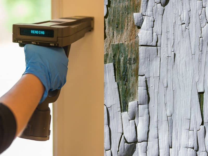 On the left of the image is a photograph of a lead paint detector placed against a painted wall by a person wearing blue rubber gloves. The display says, "reading." On the right-hand side is a photograph of flaking lead paint on a piece of reclaimed wood.