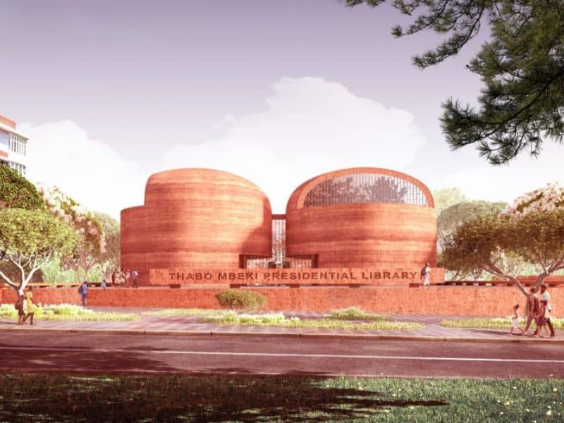 An artists impression of the Thabo Mbeki Presidential Library in Johannesburg, South Africa. The design is made from rammed earth and features domes and curved walls.