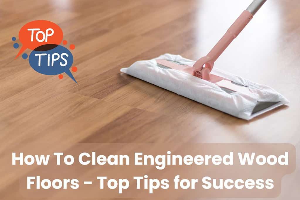 A photograph of an engineered wood floor with a nice shine. A mop is cleaning the floor, and in the top left of the photo are the words, "top tips" appearing in speech bubbles. Across the bottom of the image are the words "How To Clean Engineered Wood Floors - Top Tips for Success."