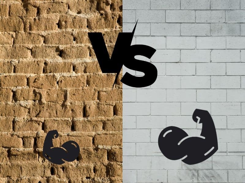 A photograph of an adobe wall on the left with a photograph of a concrete block wall on the right. In the center top is the word "vs" and overlying each type of wall is a flexed arm to indicate strength. The arm overlying the concrete wall is much larger than the one overlying the adobe wall indicating that the concrete wall is stronger.