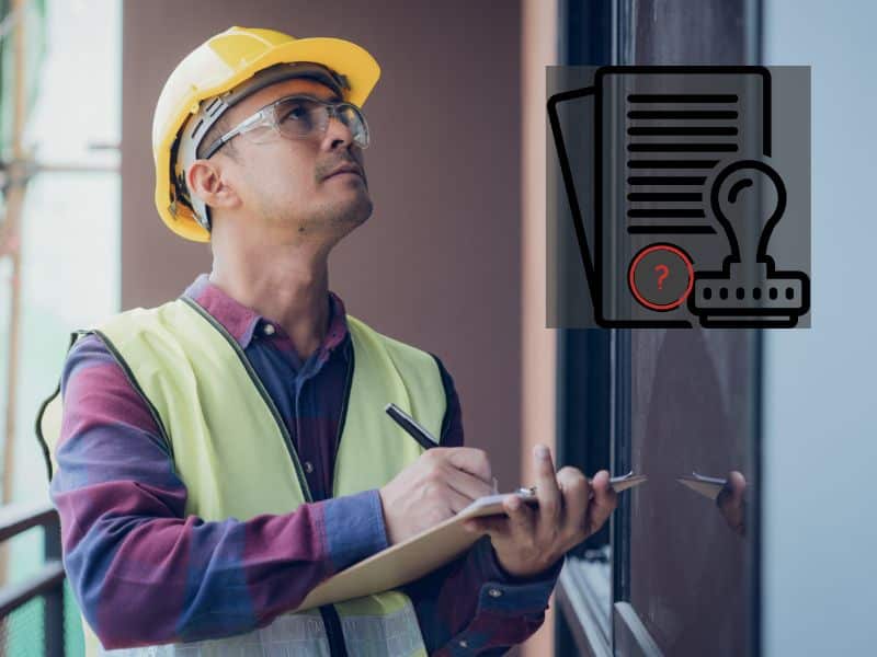 A specialist engineer inspects a rammed earth building. In the top right, a graphic illustrates a permit with a stamp and a question mark.