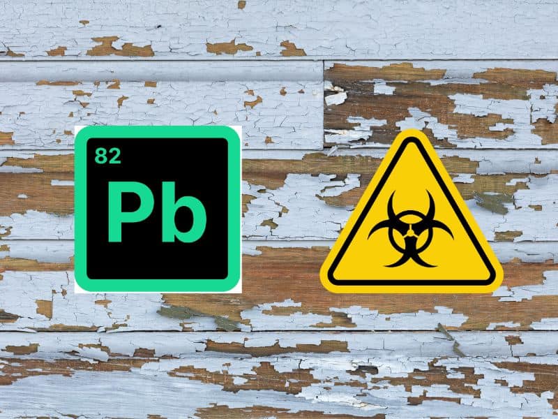 A photograph of reclaimed wood with flaky paint peeling off it. Overlain is a "Pb" symbol from the periodic table, the symbol for lead, and a yellow hazard triangle.