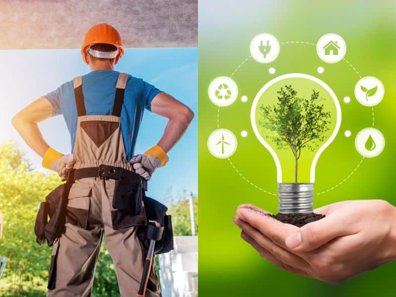 A photograph of a builder wearing an orange hardhat, work trousers, protective gloves, and tool belt with his hands on his hips and facing away from the camera. On the right of the image is a person's hand holding a lightbulb with a green tree inside it and eco-friendly icons surrounding it. The image raises the question, "Why is Rammed Earth Construction Material Sustainable?"