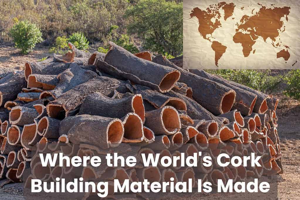 A photograph of a pile of freshly-harvested cork barks with dry vegetation in the background. In the top right corner is a world map and across the bottom are the words "Where the World's Cork Building Material Is Made."