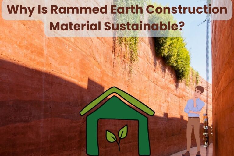 A tall, red rammed earth wall with layers of earth visible and green vegetation growing down from the top. A green-colored cartoon house in the bottom center contains two green leaves and a man looking quizically at the wall. Across the top are the words "Why Is Rammed Earth Construction Material Sustainable?"