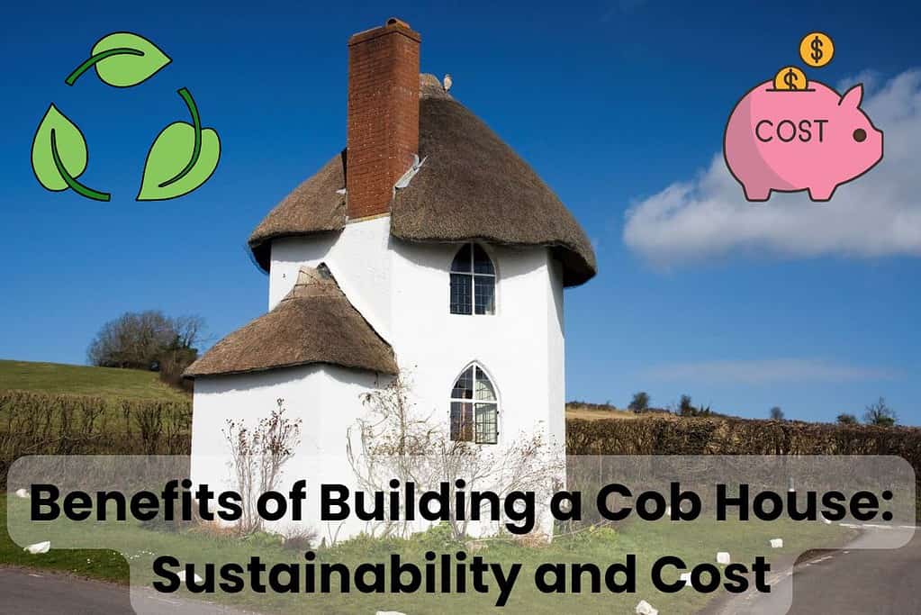 A photograph of an old cob building with a thatched roof and white walls next to a country road junction with hedges and fields behind. The house has double lancet windows and is two stories high with a brick-built chimney on the roof. Across the bottom of the image are the words, "Benefits of Building a Cob House: Sustainability and Cost."