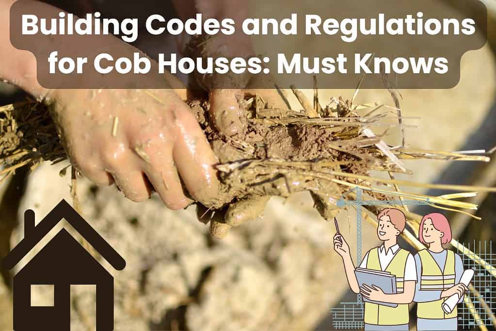 A closeup photograph of a person's hands holding some cob mixture on a building site. Two cartoon building inspectors are in the bottom right, and a house outline is in the bottom left. Across the top are the words "Building Codes and Regulations for Cob Houses: Must Knows."