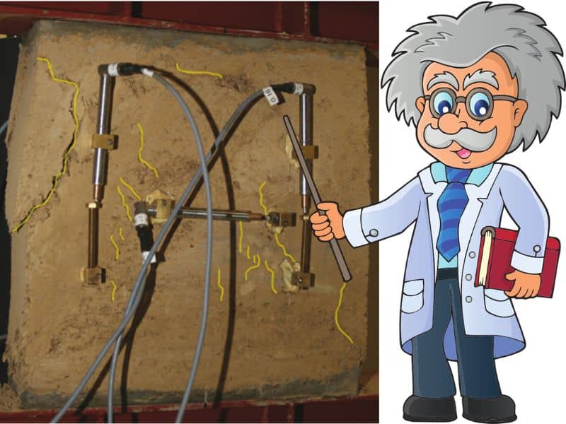 A photograph of a cob compressive strength test in a lab. To the right is a cartoon scientist pointing at the cob sample with a stick.