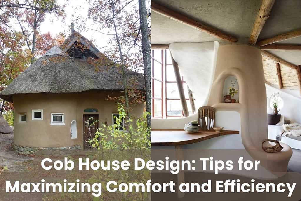 Two photographs of cob houses showing different designs. The left-hand photo shows the outside of a house with curved walls, a thatched roof, and stone foundations. The right-hand image shows an open-plan living area with sweeping curves and visible roof timbers. Across the bottom are the words "Cob House Design - Tips for Maximizing Comfort and Efficiency."