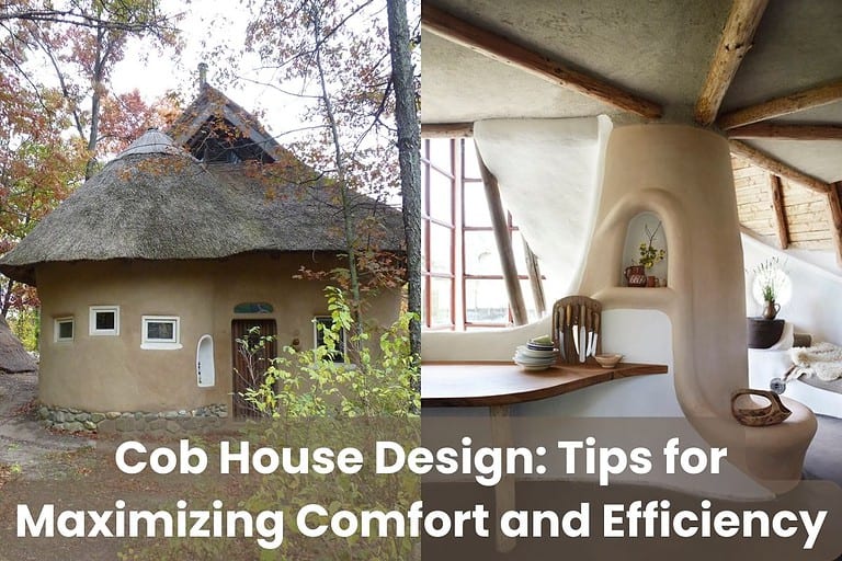 Two photographs of cob houses showing different designs. The left-hand photo shows the outside of a house with curved walls, a thatched roof, and stone foundations. The right-hand image shows an open-plan living area with sweeping curves and visible roof timbers. Across the bottom are the words "Cob House Design - Tips for Maximizing Comfort and Efficiency."